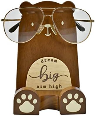 I'm Wood Multipurpose Eyeglass Phone Pen & Pencil Holder Stand Stationery Desk Box Organizer Accessories, Home Office Desktop Decor Birthday Graduation Gifts “Dream Big Aim High”(Bear)