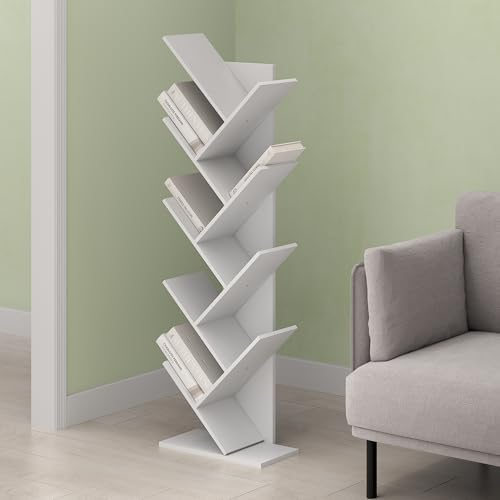 Ipoh Tree Book Shelf, 9-Tier Tree Bookcase, for Narrow Space, Books, CDs, Magazines, White
