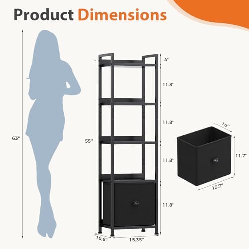 OLIXIS 5 Tier Bookshelf with Fabric Drawer, Tall Narrow Bookcase with Shelf
