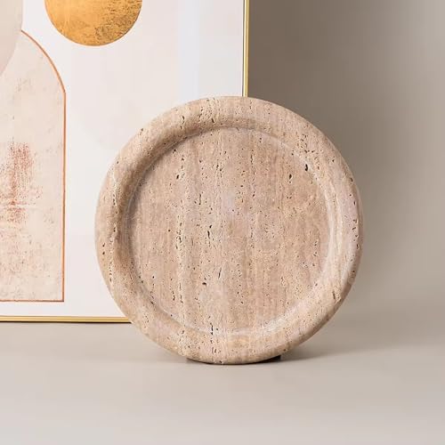 Natural Travertine Marble Vanity Tray- Round Stone Tray,Decorative Beige Countertop Organizer,Jewelry Dish for Bathroom,