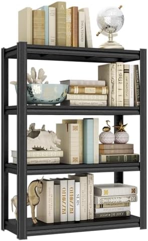 Metal Bookshelf, 4 Tier Corner Bookcase, Adjustable Steel Storage Shelving