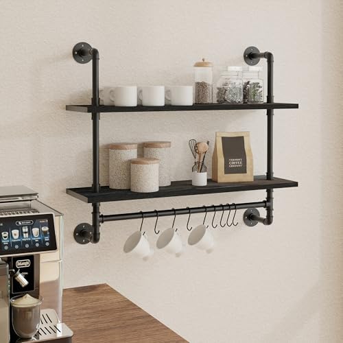 ROGMARS Industrial Pipe Shelving Pine Wood Black Floating Shelves for Wall
