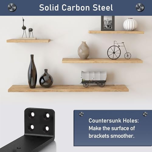 MLOQI 4 Pack Floating Shelf Bracket Heavy Duty, Hidden Shelf Brackets 5mm Thick L Brackets for Shelves up to 50 KG (Blac