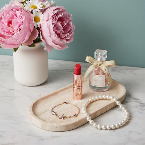 Travertine Vanity Tray for Bathroom Counter, 10"x5" Natural Marble Tray, Hand Polished, Perfume Organizer with Non-Slip 