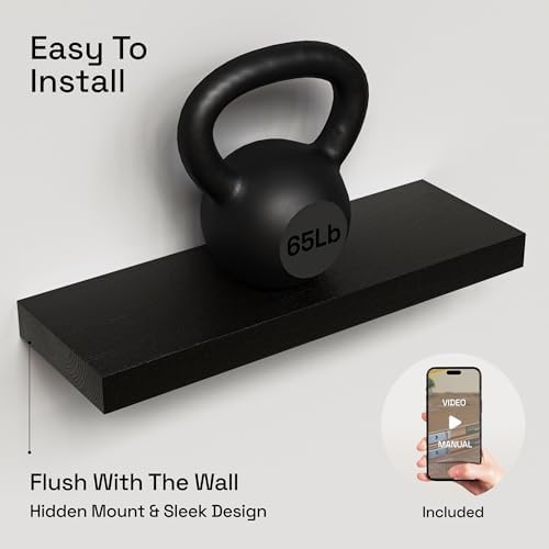 Solid Wood Floating Shelves for Wall 20 Inch Black, Wooden Bathroom Shelf