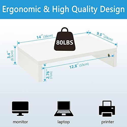 TEAMIX White Monitor Stand Riser for Desk, Small Computer/Laptop Stand Wood