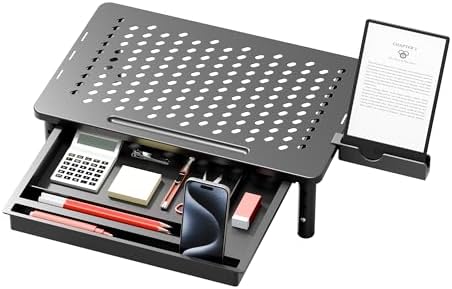 Computer Monitor Stand Riser with Storage, 3 Height Adjustable Laptop Desktop Monitor Stand with Drawer, Metal Short Pri