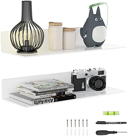 Sezanrpt 17 Inches Acrylic Wall Shelves 2 Pack, Floating Shelf for Wall Mounting, Acrylic Display Ledges for Funko Pop Figures, Home Décor, Living Room, Gaming Room, Plants(17 inch, White)
