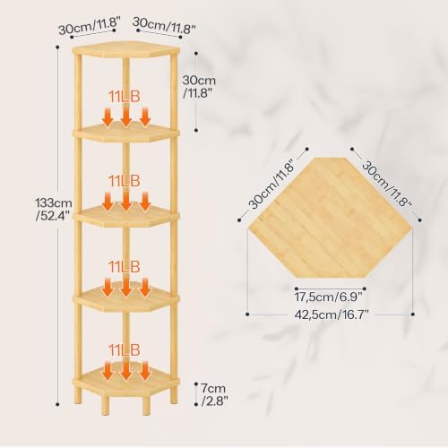 HOOBRO 5-Tier Bamboo Corner Shelf Stand, Plant Display, Tool-Free Assembly