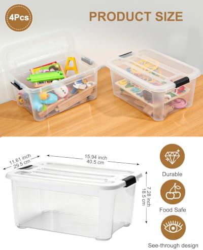 EOENVIVS 15L Clear Storage Bins with Lids, 4 Pack Stackable Plastic Storage Containers with Lids, Latching Storage Boxes