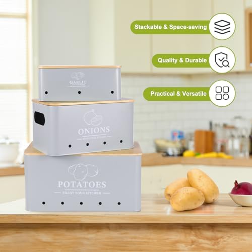 Kitchen Vegetable Storage Set of 3, Metal Onion Garlic Potato Storage Set, Kitchen Canisters Vegetable Keeper Containers