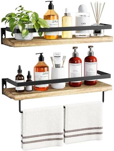 Amada Bathroom Shelves with Towel Bar, Set of 2, Light Brown