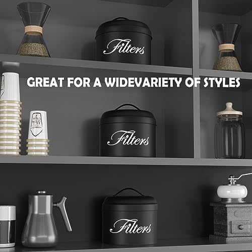 Black Basket Coffee Filter Holder With Lid - Round Container for Counter Storage - Rustic Farmhouse Bar Accessories Deco