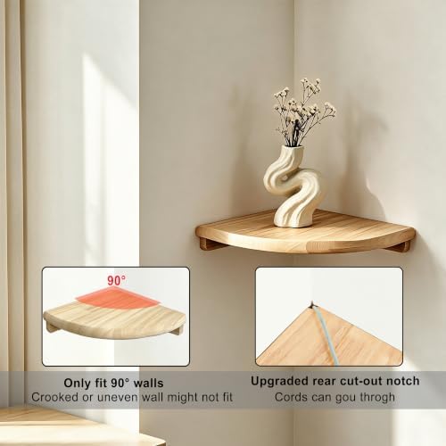 8.7" Floating Corner Shelf, Solid Wood Wall Mount with Wire Hole