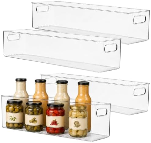 primebox Plastic Food Storage 4 Pack Clear Container Bin with Handles for Organizing Kitchen, Pantry, Refrigerator, Free