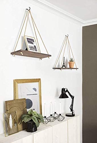 Mkono Wood Hanging Shelves for Wall Boho Decor Swing Rope Rustic Floating Shelf, Set of 3 Wall Display Shelving Home Org