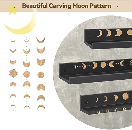 Crystal Shelf with Hooks Set of 3, Moon Shelf Display Wall Mount, Wood Floating Shelves for Celestial Decor and Room Dec