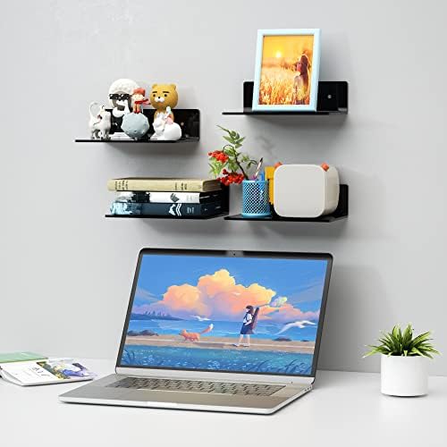 Sezanrpt 9 Inches Acrylic Wall Shelves 2 Pack, Floating Shelf for Wall Mounting, Acrylic Display Ledges for Funko Pop Figures, Home Décor, Living Room, Gaming Room, Plants(9 inch, Black)