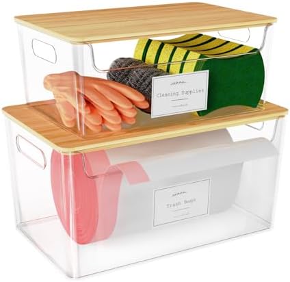 COAZEX 2 Pack Stackable Plastic Trash Bag Holder with Bamboo Lid Under Sink
