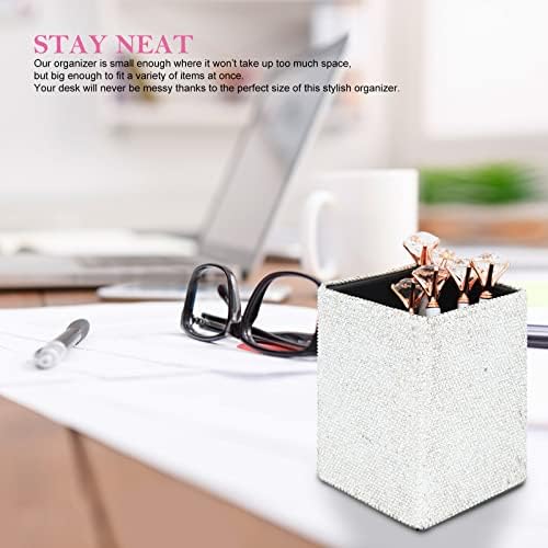 KEYPOWER Crystal Pencil Pot Holder Box Bling Rhinestone Pen Organizer Holder Cosmetic Pen Container Comb Brushes Personalized (Square White&AB Color)