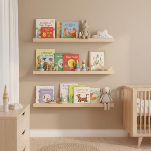 MBYD 36 Inch Natural Wood Floating Picture Ledge Shelf, Wall Mounted Nursery Bookshelf for Kids Books, Vinyl Records & P