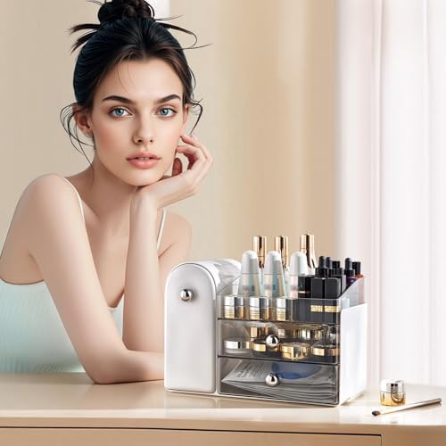 Makeup Organizer with Brush Holder for Vanity, Large Cosmetic Display Cases with 2 Drawers, Skincare Organizer for Bathr