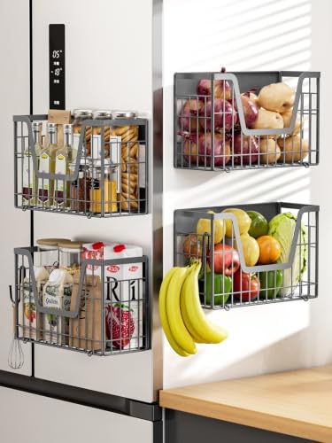 4 Pack Magnetic Shelves for Fridge, Grey Fruit Baskets with 8 Hooks