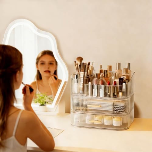 Makeup Organizer with 360 Rotating Brush Holder and Stackable Drawers, Cosmetic Display Case for Vanity, Bathroom Counte
