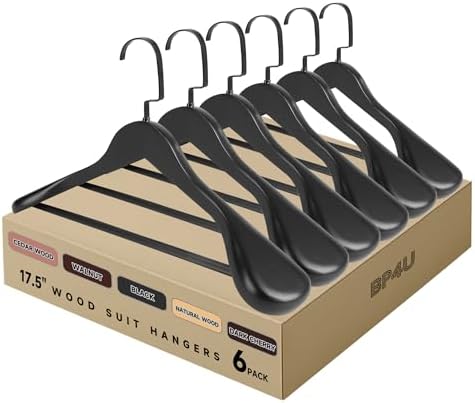 Wooden Suit Hangers with Non Slip Pants Bar, Black, 6-Pack, 17.5"