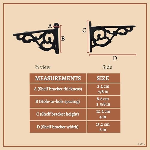 Mystic Colonial Victorian Cast Iron Shelf Brackets - 10.2 cm x 15.2 cm (4 in x 6 in) Vintage Rustic Wall Mount Supports 