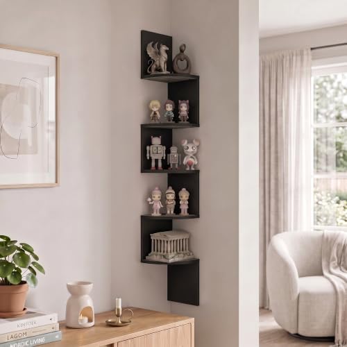Furinno Rossi 5-Tier Corner Floating Book Shelves for Wall, French Oak