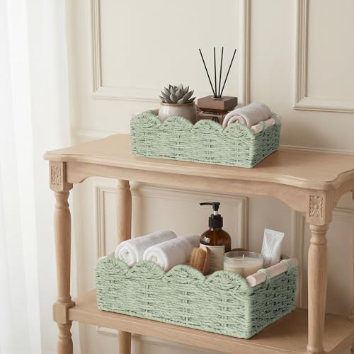 iEGrow Paper Rope Small Storage Baskets for Organizing, Set of 2 Scalloped Edge Wicker Basket with Wooden Handles Toilet Paper Basket for Over Toilet Storage Shelf, Home Decor, Living Room (Green)