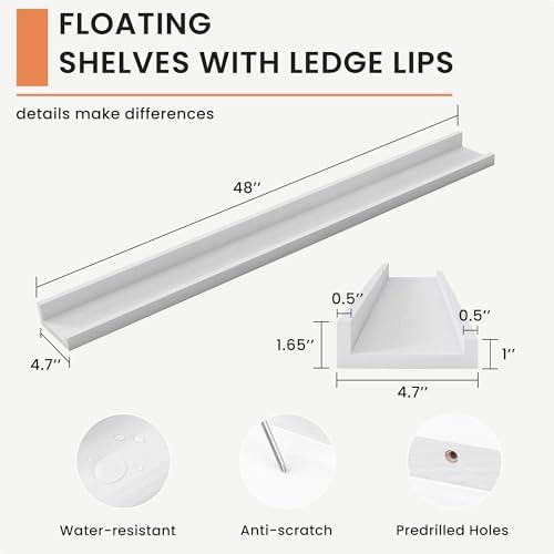 FLYJOE Picture Ledge Shelf, Floating Shelves Set of 2, Solid Ash Wood 48'' Long Large Nursery Book Shelves for Toys Storage, Kids Bookshelf for Living Room Bedroom Decor Books Photo Frames, White