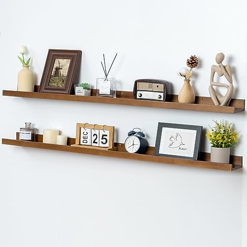 FLYJOE Picture Ledge Wall Shelves 48 inch Width Set of 2, Solid Pine Wood Rustic Floating Ledge Shelves for Wall for Kids' Room Bedroom Kitchen Bathroom Living Room Nursery Display Wall Decor, Walnut