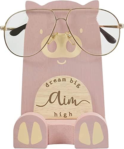 Wood Multipurpose Eyeglass Phone Pen & Pig Pencil Holder Stand Stationery Desk Box Organizer Accessories Decor, Home Office Desktop Decoration Birthday Graduation Gifts “Dream Big Aim High” (Piggy)