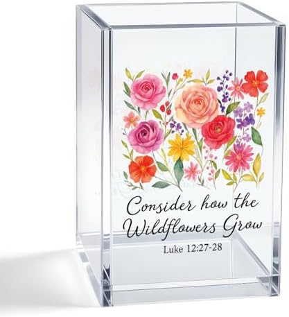 Consider How The Wildflowers Grow Luke Acrylic Cosmetic Pencil Pen Holder Cup, Botanical Theme Gifts for Gardener Nature Lover, Christian Bible Verse Gifts for Mom Daughter Niece Aunt BFF Women
