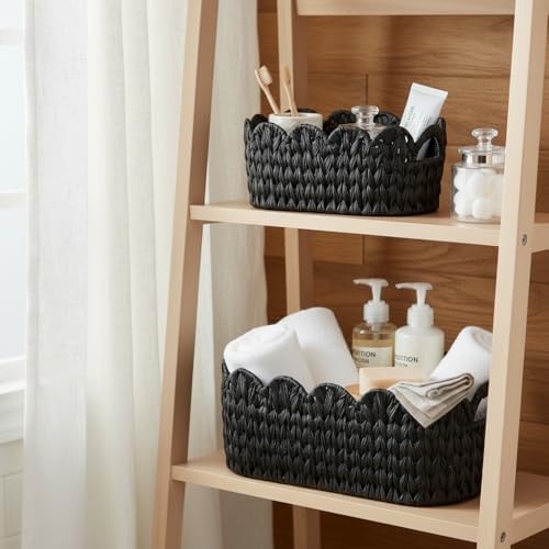 Coeusy Wicker Scalloped Basket Set of 2,Woven Storage Baskets for Shelves,Closet,Laundry,Gift,Towels,Books,Toys,Waterpro
