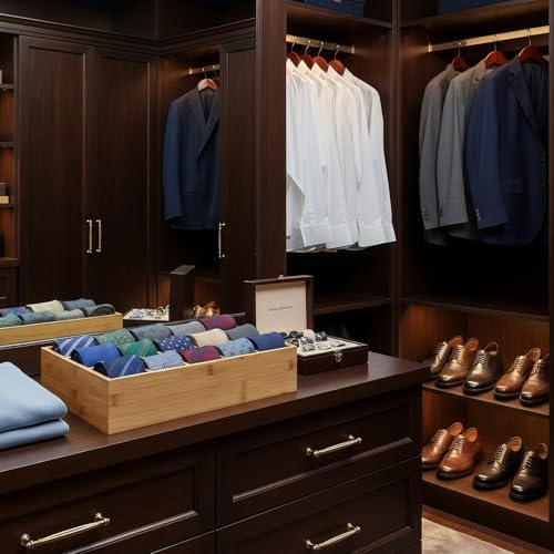 Bamboo Belt Organizer for Closet, Tie Storage Organizer Bins with Detachable Divider Drawer Organizer, Closet Organizers
