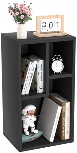 VECELO Small Black Bookshelf, Freestanding 3 Open Cubby Storage Cabinet with Uneven Compartments, Thickened Board, Fits 