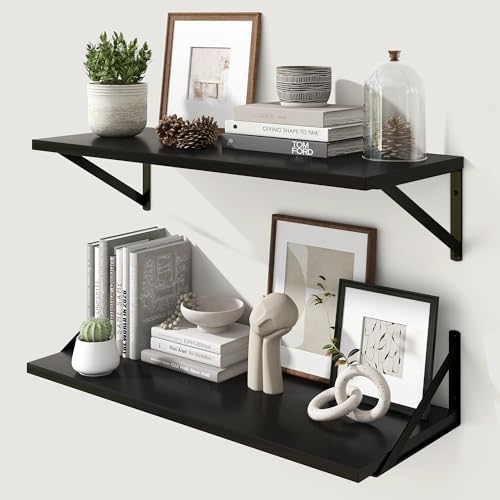 Marsmiles Deep Floating Shelves, 30'' x 12'' Black Wood Shelves Set of 2