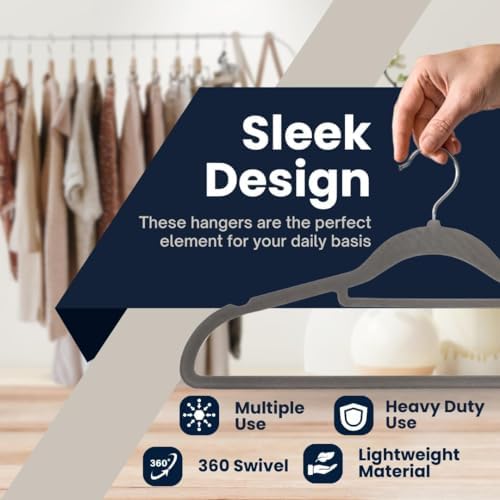 20 Pack Velvet Coat Hangers – Non Slip Velvet Hangers for Clothes, Space Saving Adult Hangers with Tie Organizer & Swivel Hooks – Clothes Hangers Wardrobe Storage - Grey
