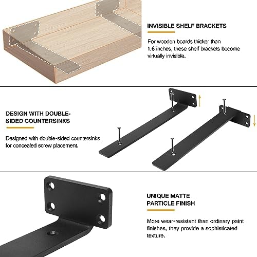 HITOMEN Heavy Duty Floating Shelf Brackets, 12-Inch (1/5'' Thick) Hidden Shelves Hardware, Iron L Brackets, Rustic Indus