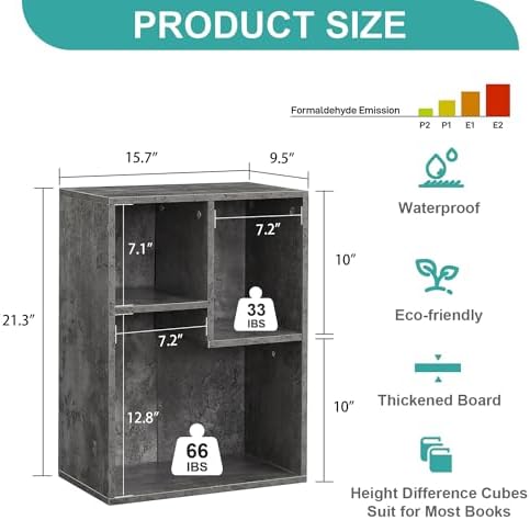 VECELO Small Gray Bookshelf, 21.3" H Freestanding Open Cubby Storage Cabinet,Storage Organizer with Uneven Compartments,
