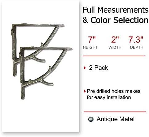 NACH Rustic Branch Metal Shelf Brackets 7 inch, Decorative Shelf Brackets for Wood Shelves, Shelving Brackets, Wall Shel