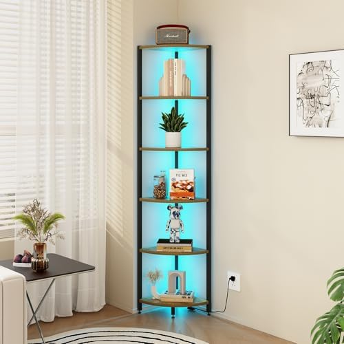 6-Tier Corner Shelf with LED Lights - 65" Tall Narrow Bookshelf, Standing Shelf with Storage Rack, Sturdy Metal Frame & 