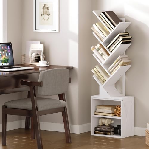 RALGEND Tree Bookshelf, 6 Tier Bookcase with 2 Storage Racks, Free Standing Wooden Bookcase, Floor Standing Book Shelf O