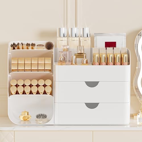 Makeup Organizer with 2 M Drawers & Brush Holders - Cosmetic Storage Case for Vanity, Bathroom Countertop & Desk - Skinc