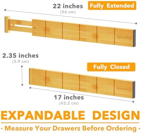 SpaceAid Bamboo Drawer Dividers with Inserts and Labels, Kitchen Adjustable Drawer Organizers, Expandable Organization for Home, Office, Dressers, 10 Dividers with 24 Inserts (17"-22" Natural)