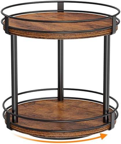 Snughome Rotating Spice Rack, 2 Tier Lazy Susan Organizer, Wood Kitchen Countertop Organizer, Brown Lazy Susan Turntable