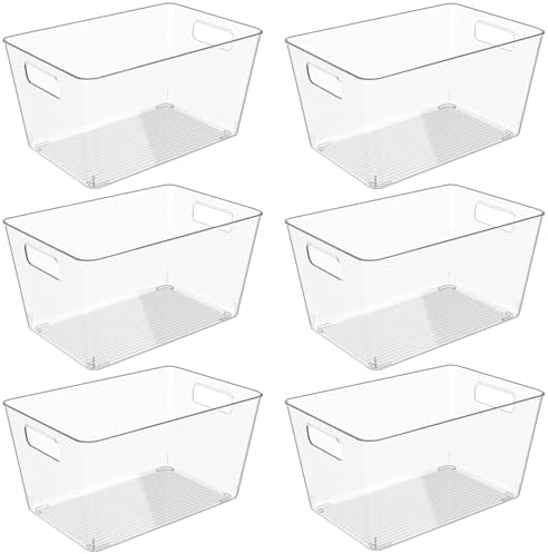 6 Pack Clear Plastic Storage Bins, 11" Large Pantry Organizer Bins with Handles, Plastic Containers for Refrigerator,BPA